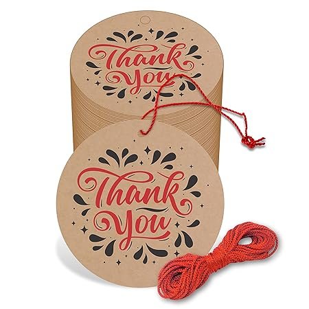 Thank You Cards Gift Tags Kraft Paper Hang Tags Wedding Party Favor, Birthday Party, Handmade Tag, Eco-Friendly, Brown Tags with Thread Pack Of 50 (Design 1)